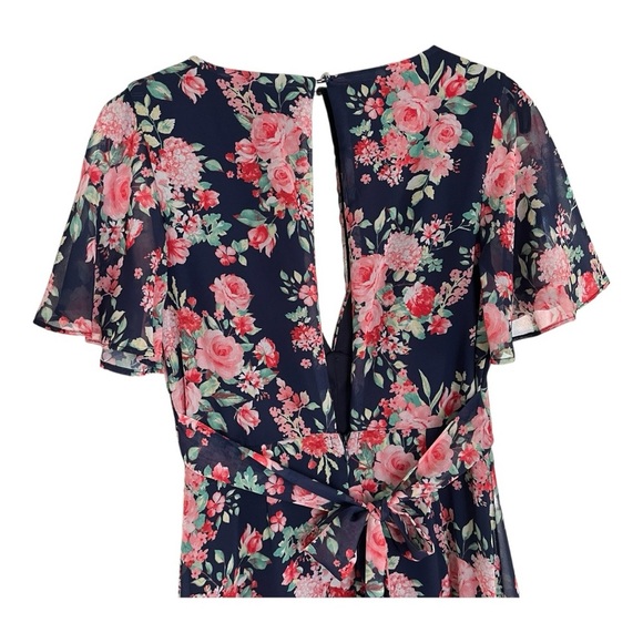 Lulus Navy Floral Maxi Dress Low Plunge Short Sleeve Womens XS - Picture 7 of 11